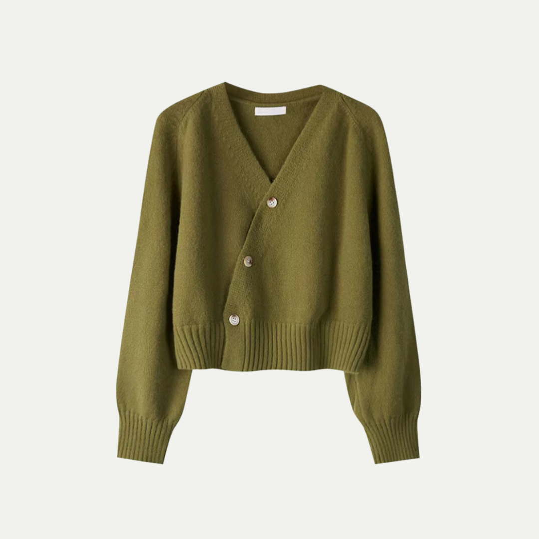 Premium Merino Wool V-Neck Skew Button Cardigan