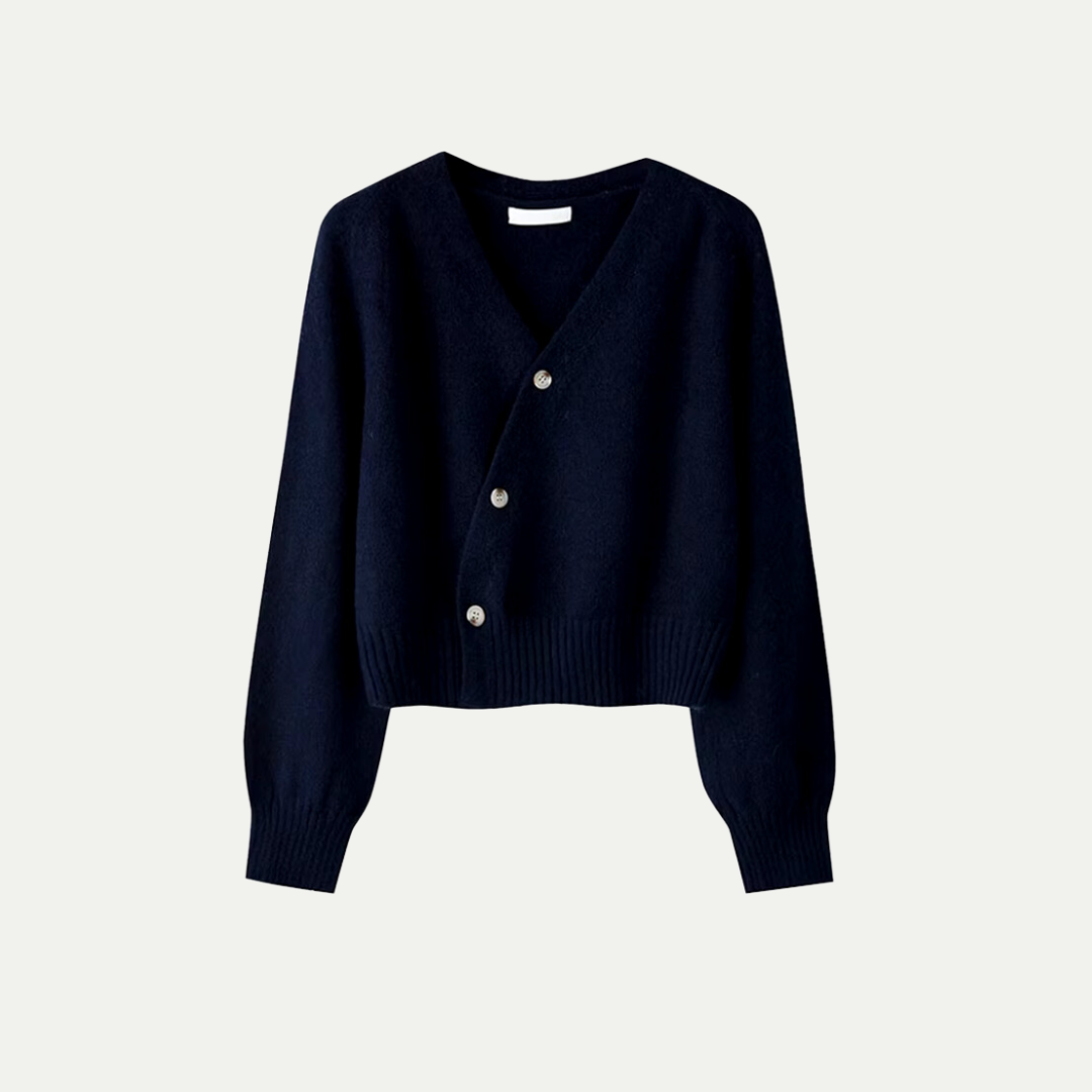 Premium Merino Wool V-Neck Skew Button Cardigan