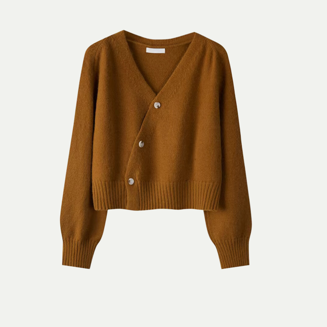 Premium Merino Wool V-Neck Skew Button Cardigan