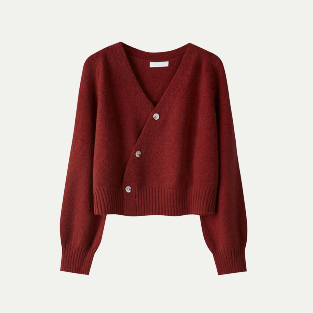 Premium Merino Wool V-Neck Skew Button Cardigan